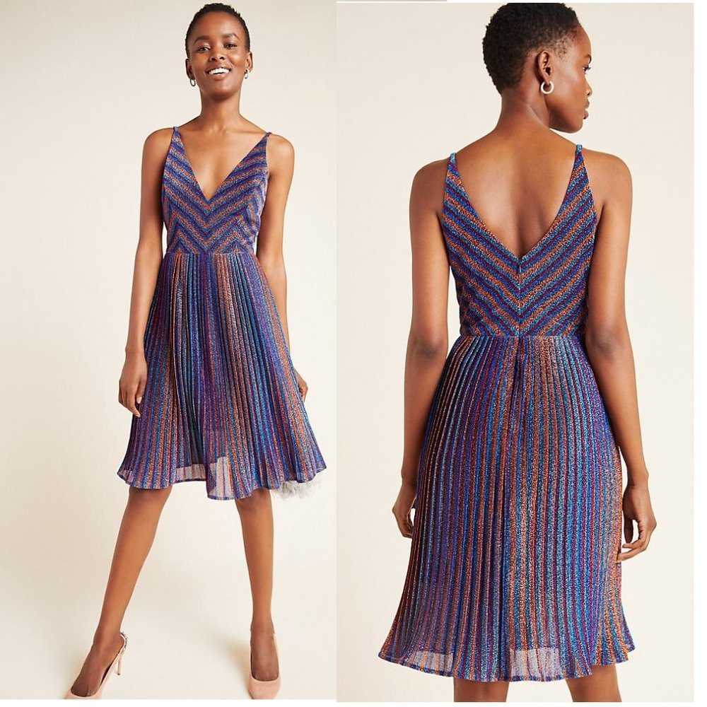V-Neck Metallic Stripe Fit & Flare Dress in Blue